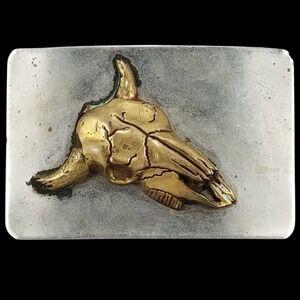 Vintage Steer‎ Longhorn Skull Belt Buckle Western Cowboy Style Brass Silver Tone